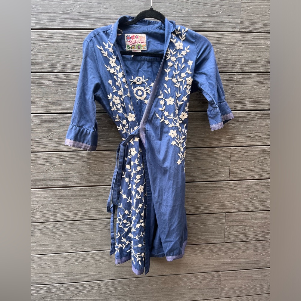 Blue Embroidered Wrap Dress